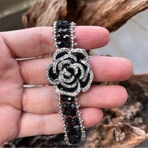 Black Crystal Camellia Bracelet Rhinestone Floral Cuff